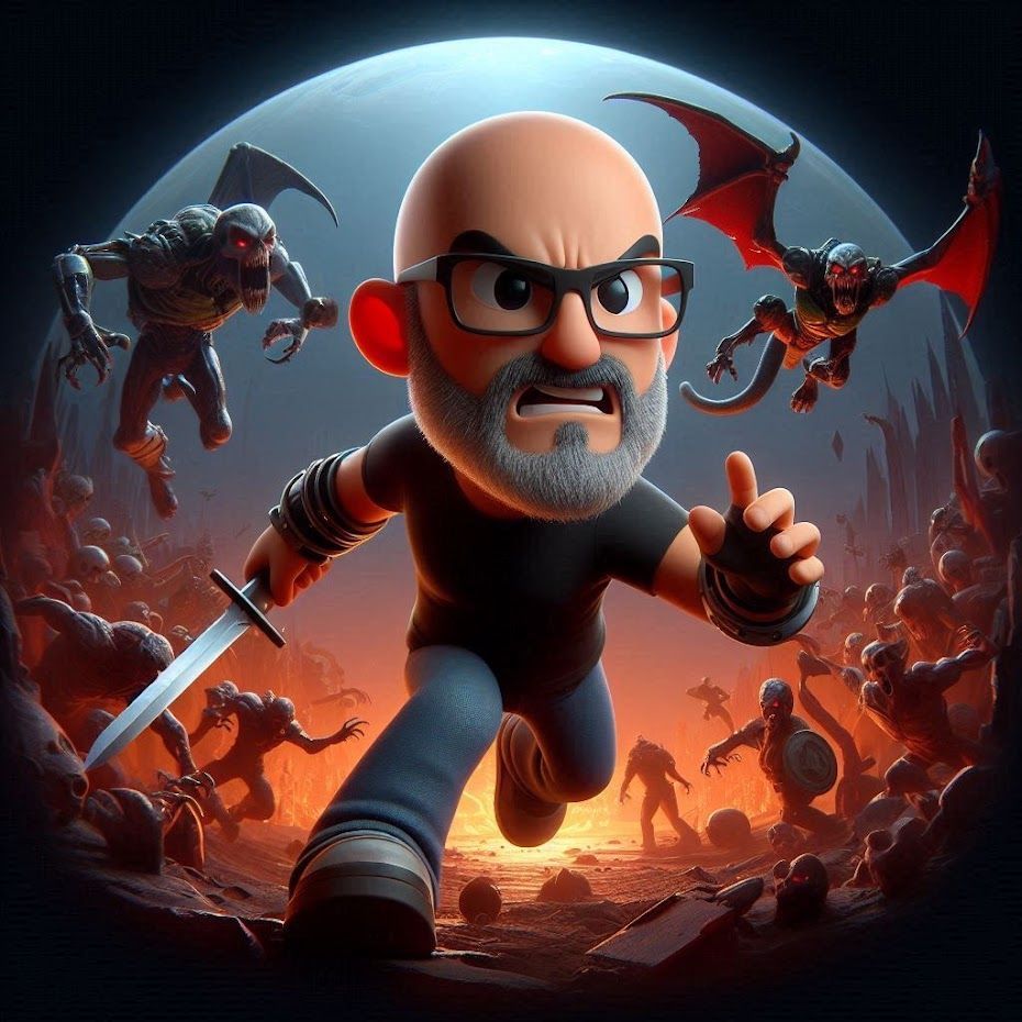 A bald man with a grey beard wearing a black t-shirt and jeans holding a sword runs away from a pack of demons.