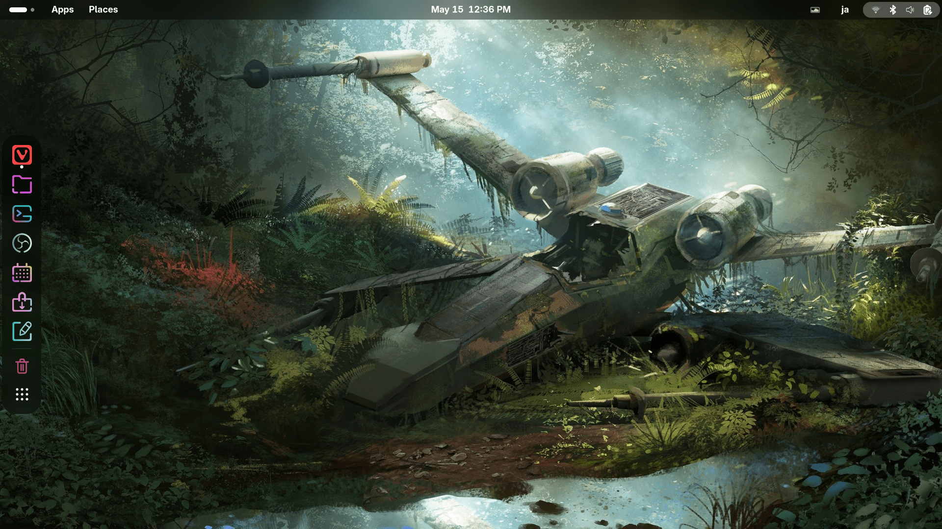 Screenshot of a linux gnome desktop with the wallpaper featuring a crashed x-wing.