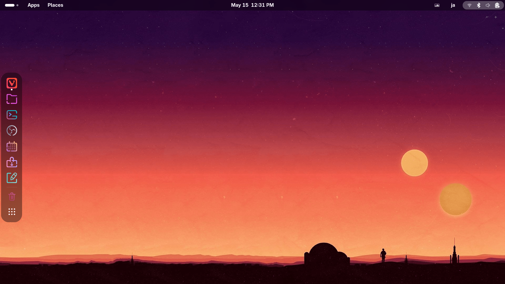 Screenshot of a linux gnome desktop with the wallpaper featuring sunset on tatooine.