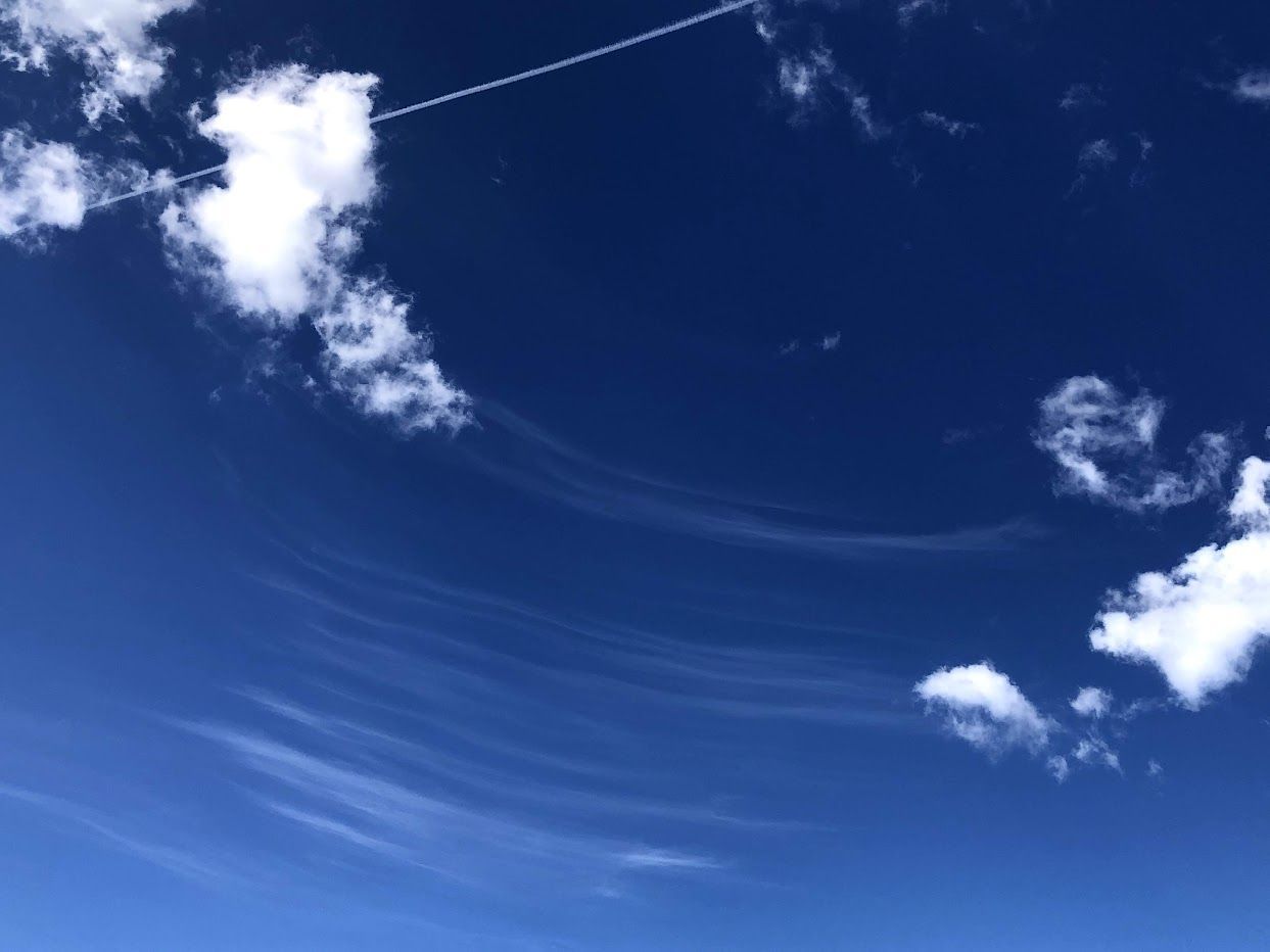 Blue sky with both fluffy and wispy white clouds and the trail from a jet that has passed overhead. Taken in Perth, Tasmania, pre pandemic.
